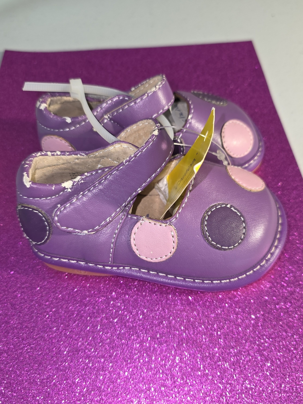 Little Mae's Botique Squeak Mary Jane Shoes Purple Pink Polka Dots Adjustable 3*